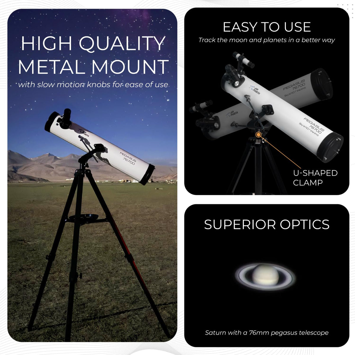Pie Matrix Pegasus 76700 Newtonian Reflector Telescope with 235x Ultra HD Zoom,Fully Coated Glass Optics,Alt-Az Mount, Professional Telescopes to Explore Moon, Saturn Rings, Planets & Deep Sky Objects 