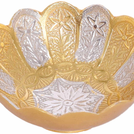 Piepot German Silver Bowl Set of 2 | German Silver Bowl and Spoon with Red Velvet Box | 2 Pieces Set for Weeding Gifts, House Warming & Pooja | Silver Gift Items (Silver-Gold Floral) 3.75 Inch, 120 ML 