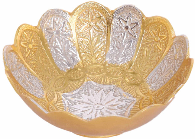 Piepot German Silver Bowl Set of 2 | German Silver Bowl and Spoon with Red Velvet Box | 2 Pieces Set for Weeding Gifts, House Warming & Pooja | Silver Gift Items (Silver-Gold Floral) 3.75 Inch, 120 ML 