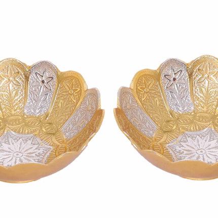 Piepot German Silver Bowl Set of 2 | German Silver Bowl and Spoon with Red Velvet Box | 2 Pieces Set for Weeding Gifts, House Warming & Pooja | Silver Gift Items (Silver-Gold Floral) 3.75 Inch, 120 ML 