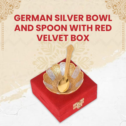 Piepot German Silver Bowl Set of 2 | German Silver Bowl and Spoon with Red Velvet Box | 2 Pieces Set for Weeding Gifts, House Warming & Pooja | Silver Gift Items (Silver-Gold Floral) 3.75 Inch, 120 ML 