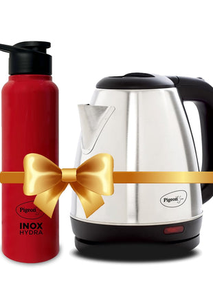 Pigeon 1.5 litre Hot Kettle and Stainless Steel Water Bottle Combo used for boiling Water, Making Tea and Coffee, Instant Noodles, Soup with Auto Shut- off Feature 