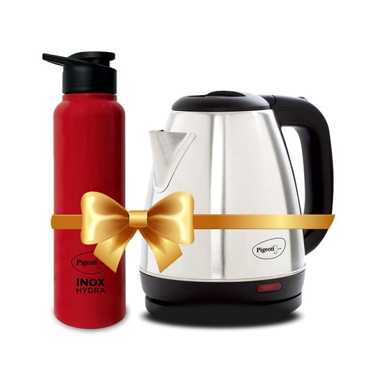 Pigeon 1.5 litre Hot Kettle and Stainless Steel Water Bottle Combo used for boiling Water, Making Tea and Coffee, Instant Noodles, Soup with Auto Shut- off Feature 