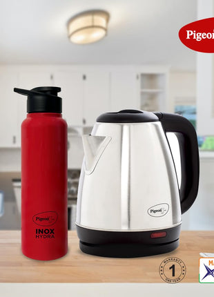 Pigeon 1.5 litre Hot Kettle and Stainless Steel Water Bottle Combo used for boiling Water, Making Tea and Coffee, Instant Noodles, Soup with Auto Shut- off Feature 