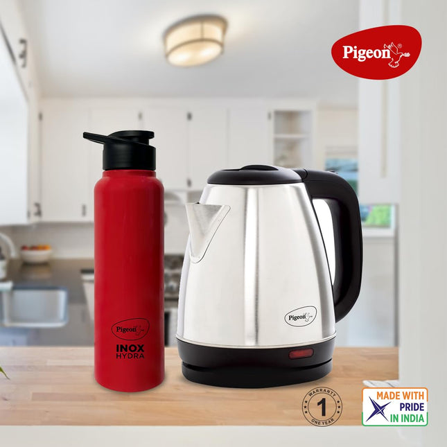 Pigeon 1.5 litre Hot Kettle and Stainless Steel Water Bottle Combo used for boiling Water, Making Tea and Coffee, Instant Noodles, Soup with Auto Shut- off Feature 