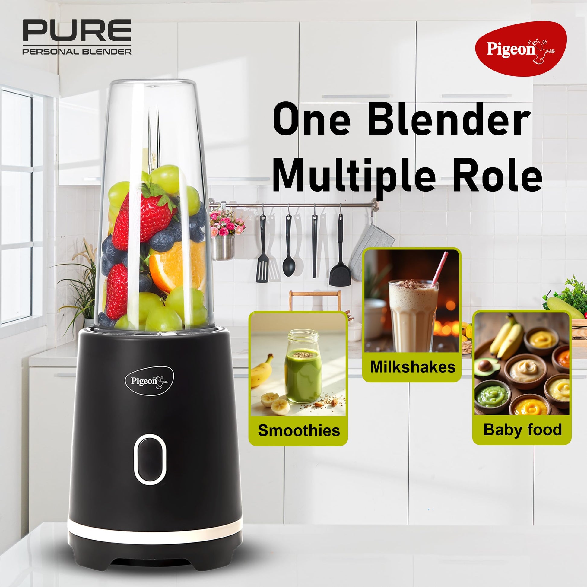 Pigeon By Stovekraft Pure | Grinder Juicer Blender Smoothie Maker All-in-1 Machine | 300 Watt | 1 Jars- Multiuse Jar 500ml, 1 Sipper, 1 Cap |1 Blades|1 Year Warranty 