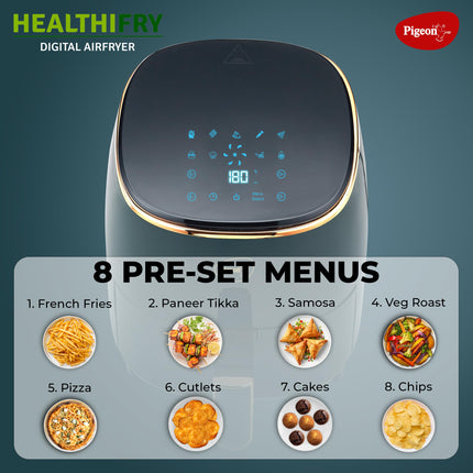 Pigeon Healthifry Digital Air Fryer, 360° High Speed Air Circulation Technology 1200 W with Non-Stick 4.2 L Basket - Green 