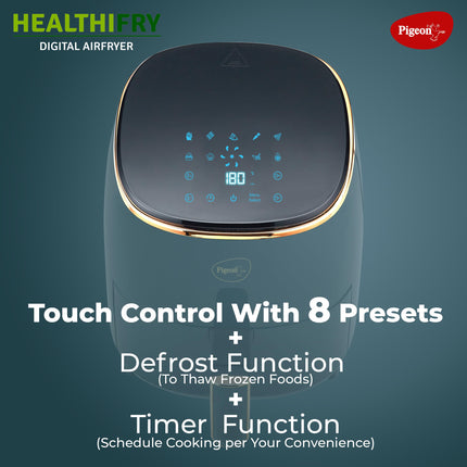 Pigeon Healthifry Digital Air Fryer, 360° High Speed Air Circulation Technology 1200 W with Non-Stick 4.2 L Basket - Green 