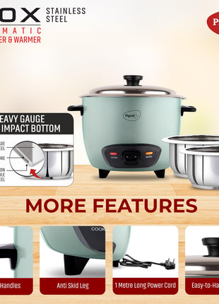 Pigeon Inox Rice Cooker with Double pot, 1.8 litres | Stainless Steel Lid | 700 Watts | 2 Steel Cooking Pot | Measuring Cup | Spatula | Energy Efficient Cooking 