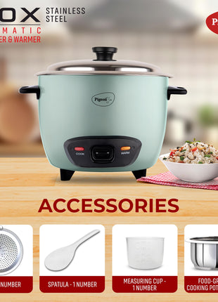 Pigeon Inox Rice Cooker with Double pot, 1.8 litres | Stainless Steel Lid | 700 Watts | 2 Steel Cooking Pot | Measuring Cup | Spatula | Energy Efficient Cooking 