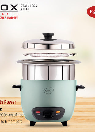 Pigeon Inox Rice Cooker with Double pot, 1.8 litres | Stainless Steel Lid | 700 Watts | 2 Steel Cooking Pot | Measuring Cup | Spatula | Energy Efficient Cooking 