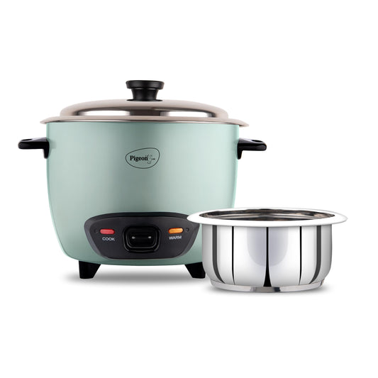 Pigeon Inox Rice Cooker with Single pot, 1 litres | Stainless Steel Lid | 400 Watts | 1 Steel Cooking Pot | Measuring Cup | Spatula | Energy Efficient Cooking 