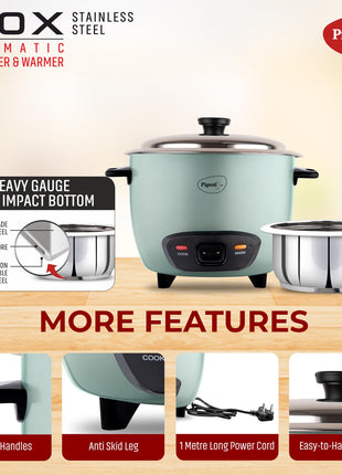 Pigeon Inox Rice Cooker with Single pot, 1 litres | Stainless Steel Lid | 400 Watts | 1 Steel Cooking Pot | Measuring Cup | Spatula | Energy Efficient Cooking 