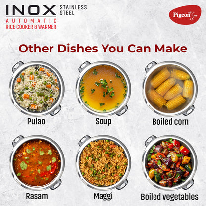 Pigeon Inox Rice Cooker with Single pot, 1 litres | Stainless Steel Lid | 400 Watts | 1 Steel Cooking Pot | Measuring Cup | Spatula | Energy Efficient Cooking 