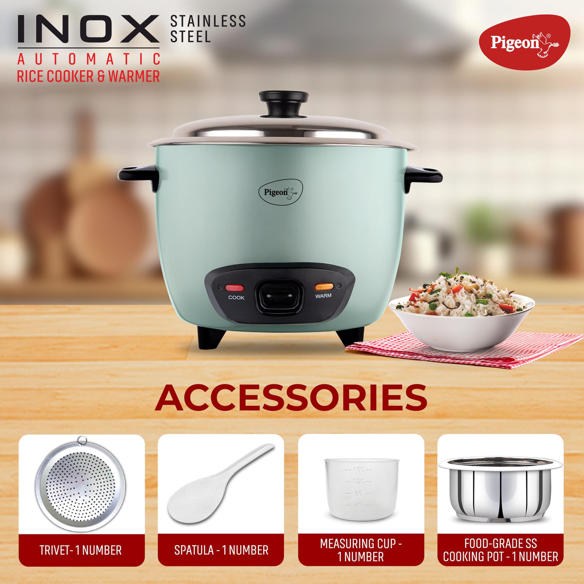 Pigeon Inox Rice Cooker with Single pot, 1 litres | Stainless Steel Lid | 400 Watts | 1 Steel Cooking Pot | Measuring Cup | Spatula | Energy Efficient Cooking 