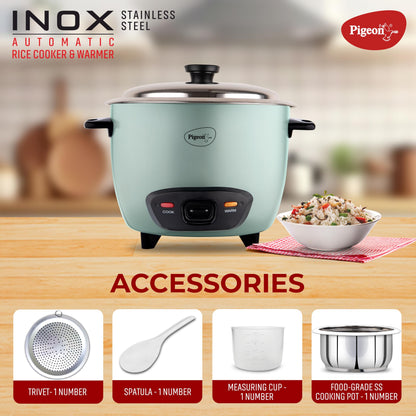 Pigeon Inox Rice Cooker with Single pot, 1 litres | Stainless Steel Lid | 400 Watts | 1 Steel Cooking Pot | Measuring Cup | Spatula | Energy Efficient Cooking 