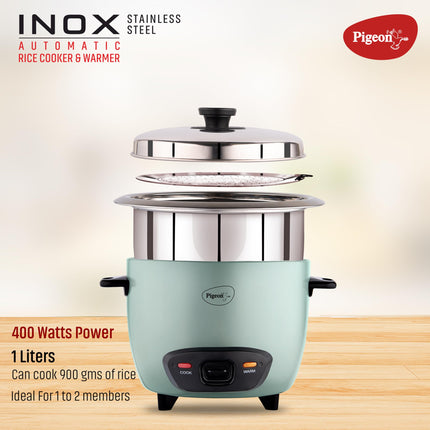 Pigeon Inox Rice Cooker with Single pot, 1 litres | Stainless Steel Lid | 400 Watts | 1 Steel Cooking Pot | Measuring Cup | Spatula | Energy Efficient Cooking 