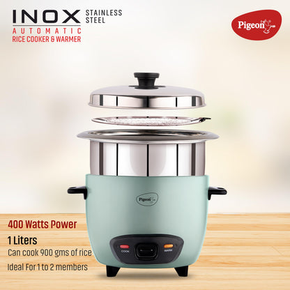 Pigeon Inox Rice Cooker with Single pot, 1 litres | Stainless Steel Lid | 400 Watts | 1 Steel Cooking Pot | Measuring Cup | Spatula | Energy Efficient Cooking 