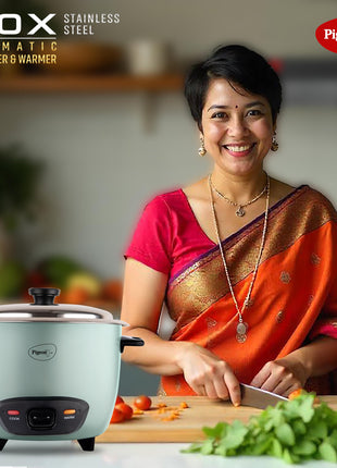 Pigeon Inox Rice Cooker with Single pot, 1 litres | Stainless Steel Lid | 400 Watts | 1 Steel Cooking Pot | Measuring Cup | Spatula | Energy Efficient Cooking 