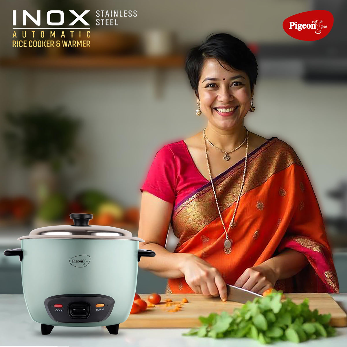 Pigeon Inox Rice Cooker with Single pot, 1 litres | Stainless Steel Lid | 400 Watts | 1 Steel Cooking Pot | Measuring Cup | Spatula | Energy Efficient Cooking 