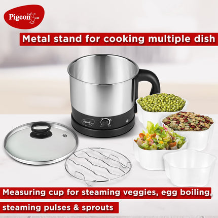 Pigeon Kessel Multipurpose Kettle (12173) 1.2 litres with Stainless Steel Body, used for boiling Water and milk, Tea, Coffee, Oats, Noodles, Soup etc. 600 Watt (Black & Silver) 