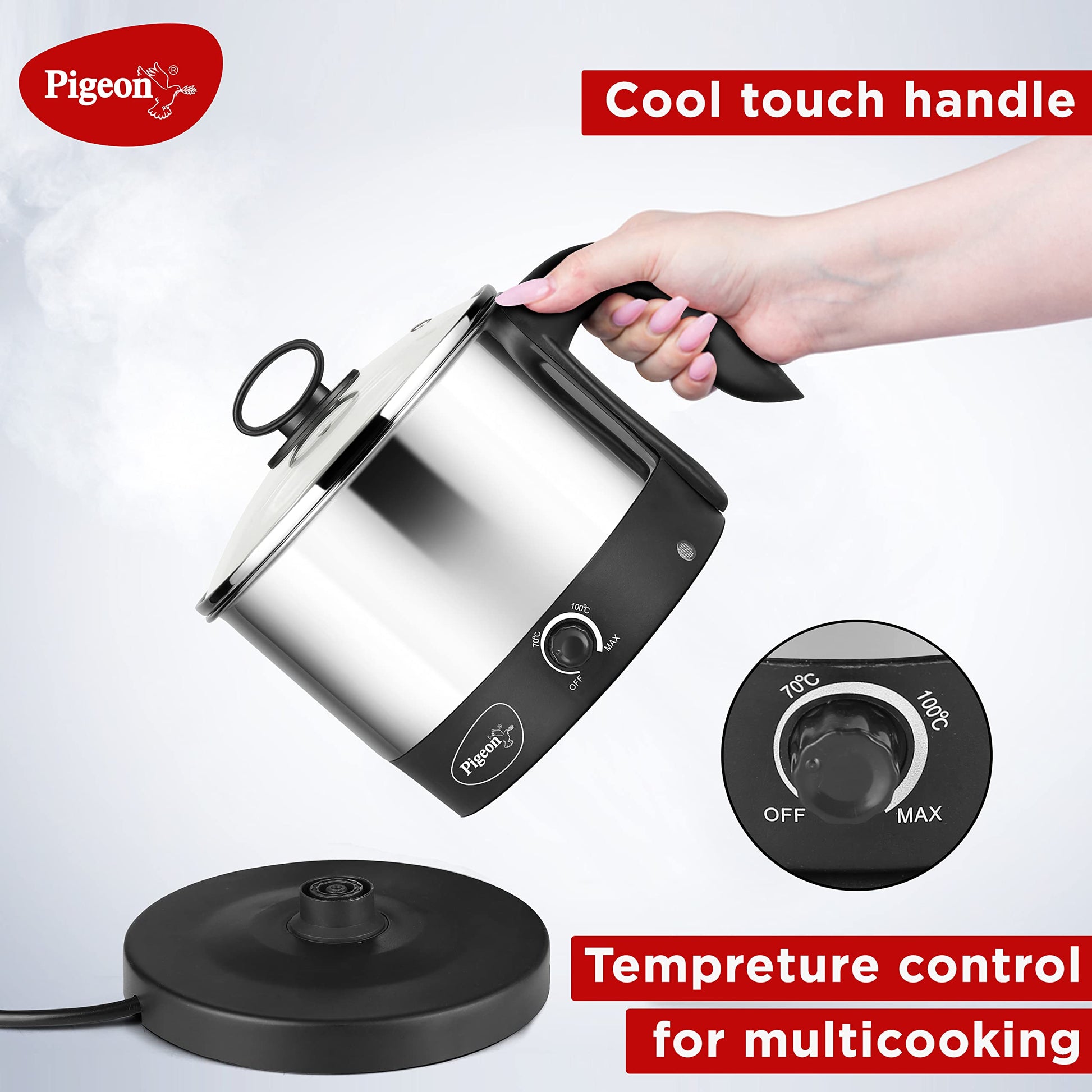 Pigeon Kessel Multipurpose Kettle (12173) 1.2 litres with Stainless Steel Body, used for boiling Water and milk, Tea, Coffee, Oats, Noodles, Soup etc. 600 Watt (Black & Silver) 