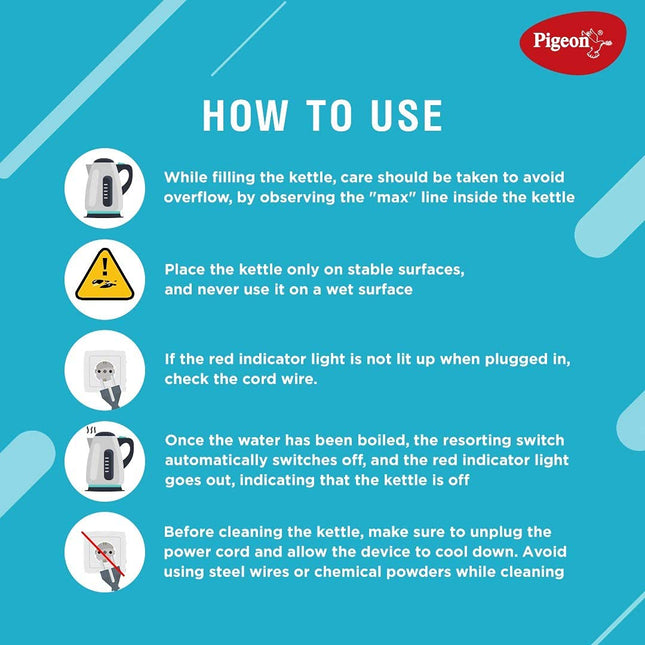 Pigeon by Stovekraft Amaze Plus Electric Kettle (14289) with Stainless Steel Body, 1.5 litre, used for boiling Water, making tea and coffee, instant noodles, soup etc. (Silver) 