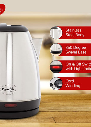 Pigeon by Stovekraft Amaze Plus Electric Kettle (14289) with Stainless Steel Body, 1.5 litre, used for boiling Water, making tea and coffee, instant noodles, soup etc. (Silver) 