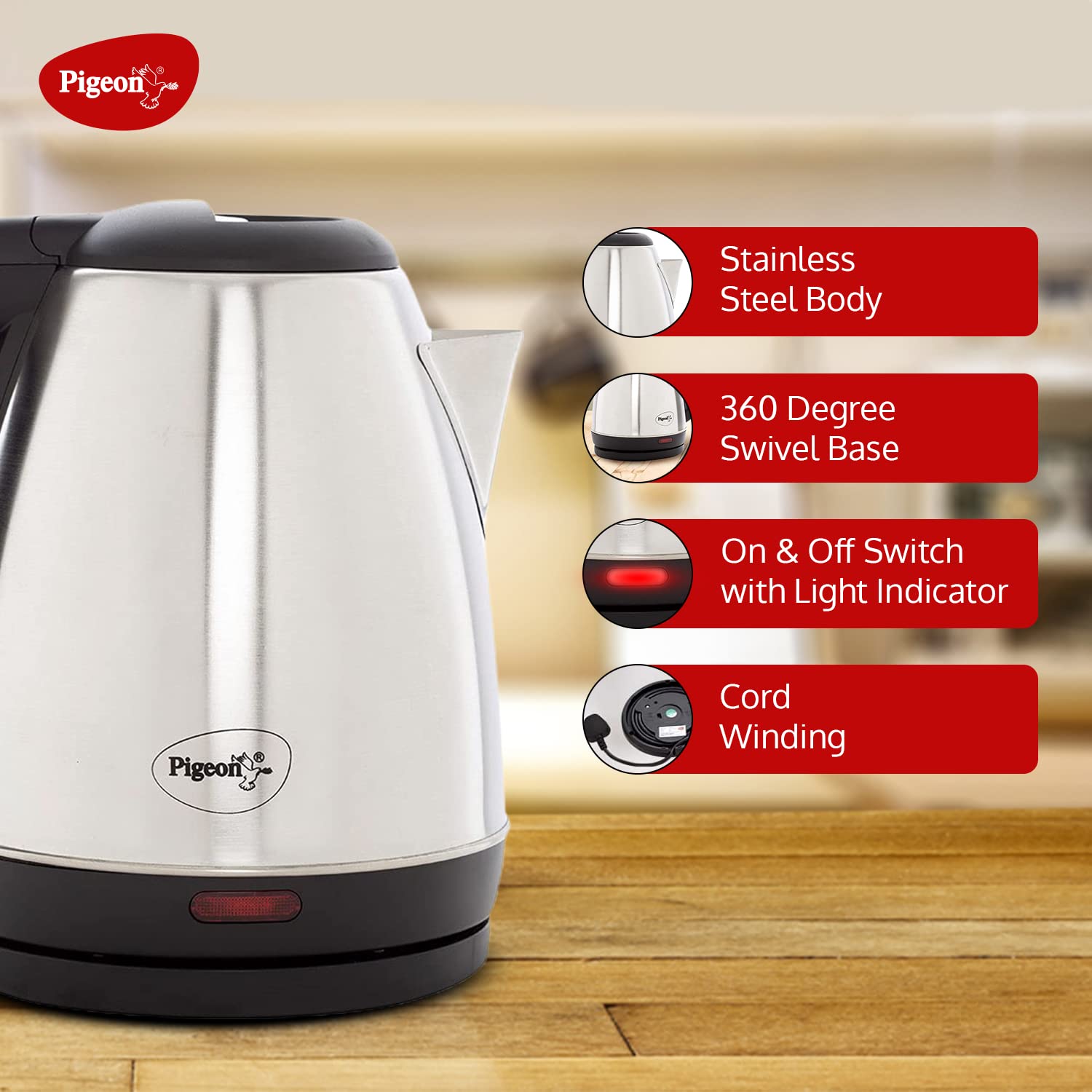 Pigeon by Stovekraft Amaze Plus Electric Kettle (14289) with Stainless Steel Body, 1.5 litre, used for boiling Water, making tea and coffee, instant noodles, soup etc. (Silver) 