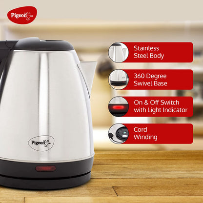 Pigeon by Stovekraft Amaze Plus Electric Kettle (14289) with Stainless Steel Body, 1.5 litre, used for boiling Water, making tea and coffee, instant noodles, soup etc. (Silver) 