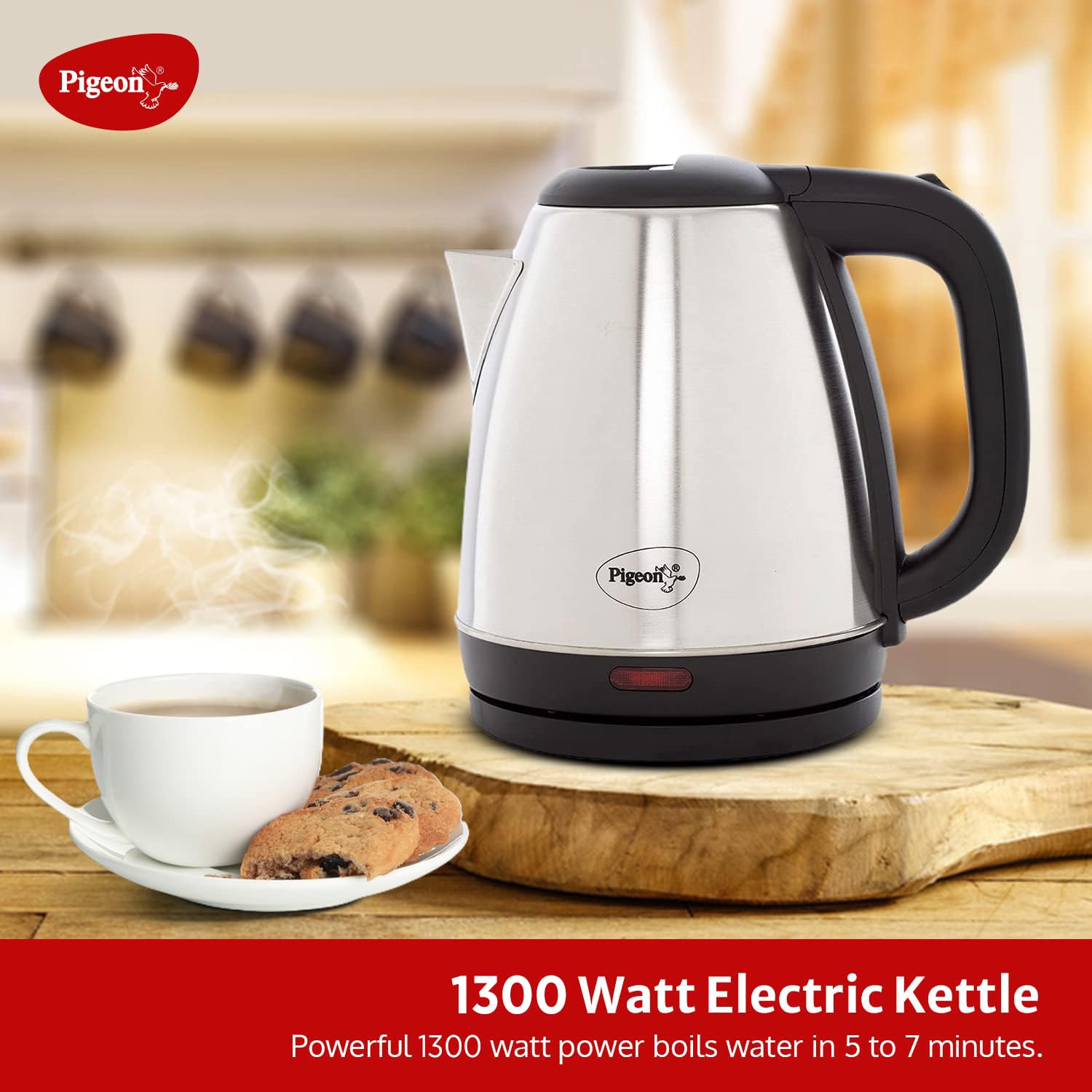 Pigeon by Stovekraft Amaze Plus Electric Kettle (14289) with Stainless Steel Body, 1.5 litre, used for boiling Water, making tea and coffee, instant noodles, soup etc. (Silver) 