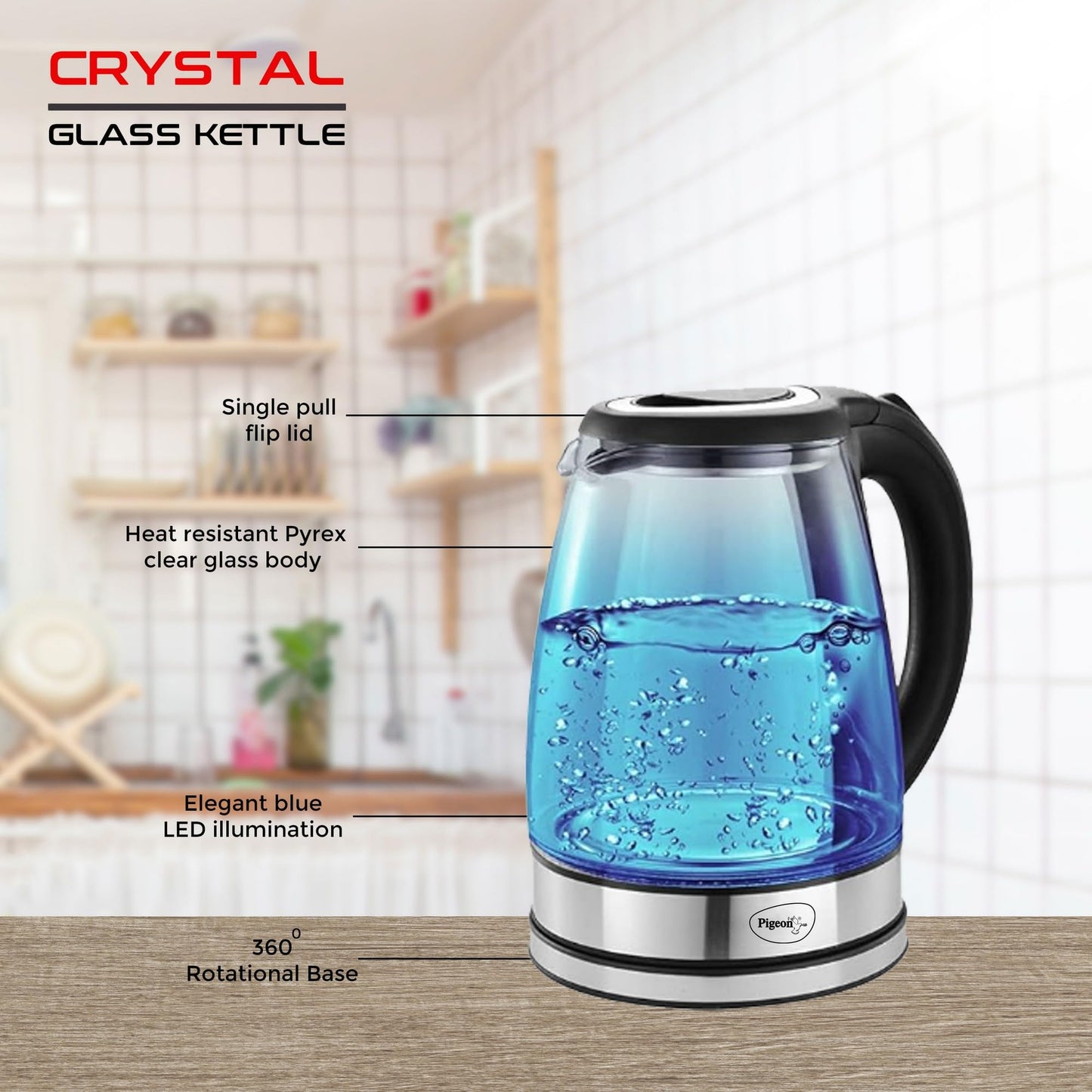 Pigeon by Stovekraft Crystal Glass Electric Kettle 1.8 litre with LED Illumination, Heat Resistant Pyrex 1500 Watt 
