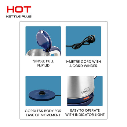 Pigeon by Stovekraft Hot Plus Electric Kettle (16246) with Stainless Steel Body, 1.5 litre, used for boiling Water, making tea and coffee, instant noodles, soup etc. (Blue) 