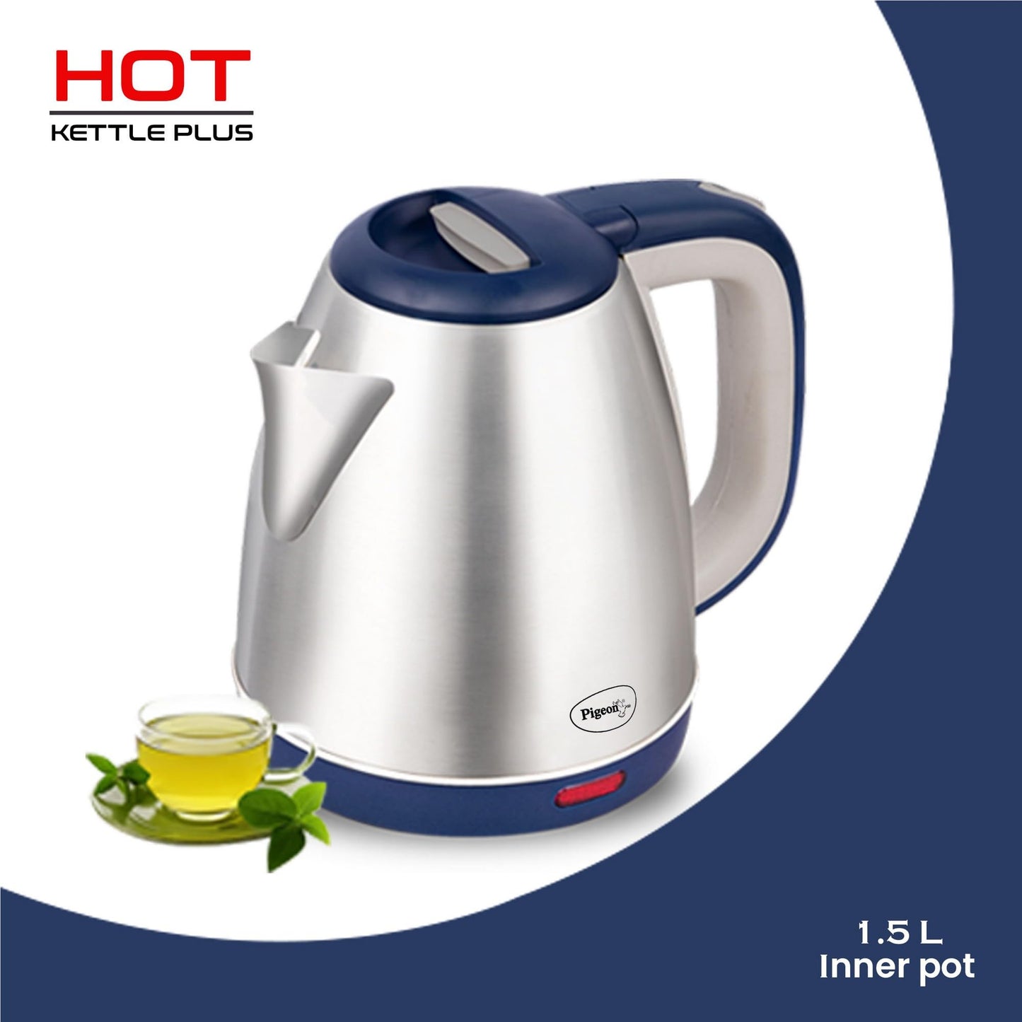Pigeon by Stovekraft Hot Plus Electric Kettle (16246) with Stainless Steel Body, 1.5 litre, used for boiling Water, making tea and coffee, instant noodles, soup etc. (Blue) 