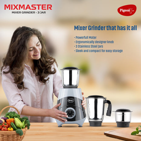 Pigeon by Stovekraft Mix Master Mixer Grinder for Kitchen | 500 Watts | 3 MultiPurpose Jars for Juicing | Chutney Making | Dry Grinding | Wet Grinding | Mincing | Blender|Mixer | 2Year Warranty 