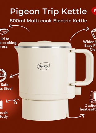 Pigeon by Stovekraft Trip Multi-cook Kettle,600 Watts,0.8 Litre, used for Boiling Water, making tea and coffee, instant noodles, soup etc (Cream) 