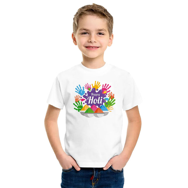 Pinox Colourful New Hand Holi T-Shirt Happy Holi Printed Round Neck & Half Sleeve White Dry-Fit Regular T-Shirt for Kids, Men, Women Holi Couple T-Shirts (in, Age, 2 Years, 3 Years, Regular, White) 