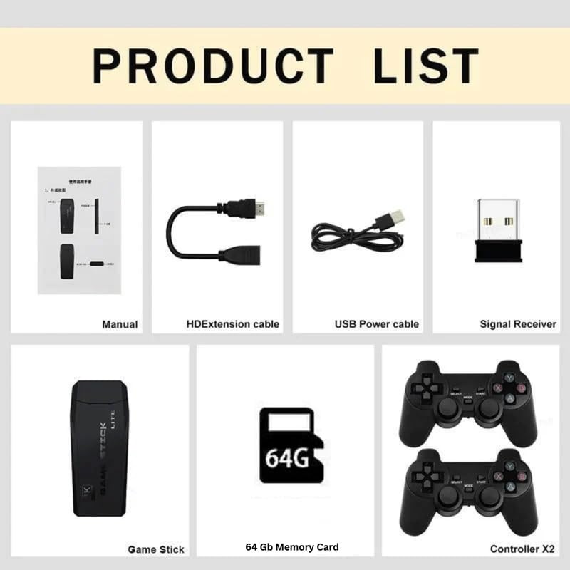 Play Zone Retro Wireless Gaming Console | 64GB Game Stick with 15000+ Classic Games | Dual Wireless Controllers | 4K HDMI Output | HD Sound | Plug & Play for Smart TV, PC, Laptop, Projector 