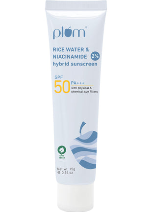 Plum 2% Niacinamide & Rice Water Sunscreen SPF 50 PA+++ | for Oily, Dry & Combination Skin | UVA/UVB Protection | Reduces Tan & Brightens Skin | No White Cast & Non-Sticky | for Women & Men | 15g 