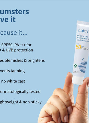 Plum 2% Niacinamide & Rice Water Sunscreen SPF 50 PA+++ | for Oily, Dry & Combination Skin | UVA/UVB Protection | Reduces Tan & Brightens Skin | No White Cast & Non-Sticky | for Women & Men | 15g 