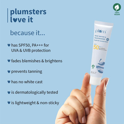 Plum 2% Niacinamide & Rice Water Sunscreen SPF 50 PA+++ | for Oily, Dry & Combination Skin | UVA/UVB Protection | Reduces Tan & Brightens Skin | No White Cast & Non-Sticky | for Women & Men | 15g 