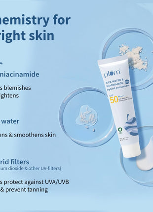 Plum 2% Niacinamide & Rice Water Sunscreen SPF 50 PA+++ | for Oily, Dry & Combination Skin | UVA/UVB Protection | Reduces Tan & Brightens Skin | No White Cast & Non-Sticky | for Women & Men | 15g 