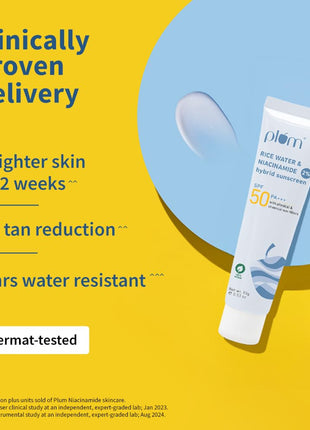 Plum 2% Niacinamide & Rice Water Sunscreen SPF 50 PA+++ | for Oily, Dry & Combination Skin | UVA/UVB Protection | Reduces Tan & Brightens Skin | No White Cast & Non-Sticky | for Women & Men | 15g 