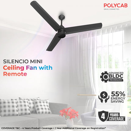 Polycab Silencio Mini 1200mm 5-Star BLDC, Remote Ceiling fan for home | 55% Energy Saving, 100% Copper, High Speed, 25 Speed Setting, Reversable & Timer | 4-yr Warranty【Matt Black】 