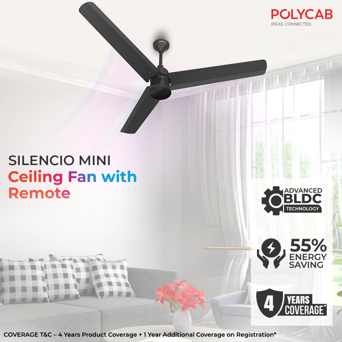 Polycab Silencio Mini 1200mm 5-Star BLDC, Remote Ceiling fan for home | 55% Energy Saving, 100% Copper, High Speed, 25 Speed Setting, Reversable & Timer | 4-yr Warranty【Matt Black】 