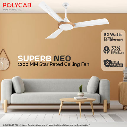 Polycab Superb Neo 1200mm Star Rated Ceiling Fan For Home | High Speed & Air Flow, 100% Copper | Rust-Proof Blades, 52 Watt, Saves up to 33% Electricity | 2 years warranty【Bronze Gold】 