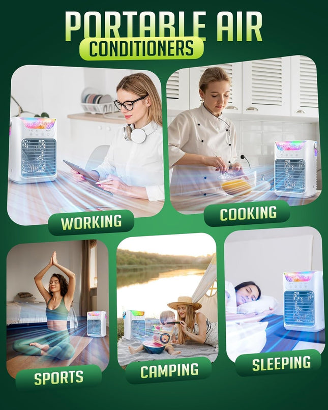 Portable Air Conditioners, Instantly Cooling Air Conditioner Portable with 3 Speeds, 2 Mist Settings, 650 mL, 7 Color Lights, Mini Personal Evaporative Air Cooler for Bedroom, Camping, Car, White 
