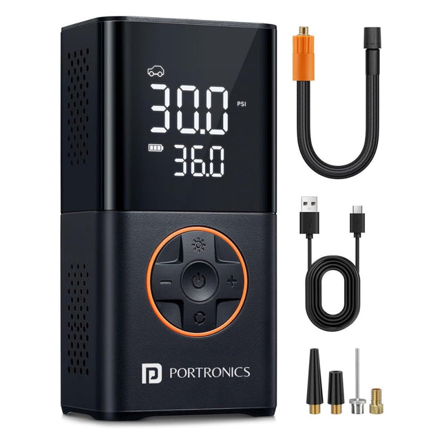 Portronics Vayu 3.0 tyre Inflator with 150 PSI Pressure, 4000 mAh Battery, Digital Display, Pressure Detection, Air Pump Compressor for Cars, Bikes, Bicycles & Balls(Black) 