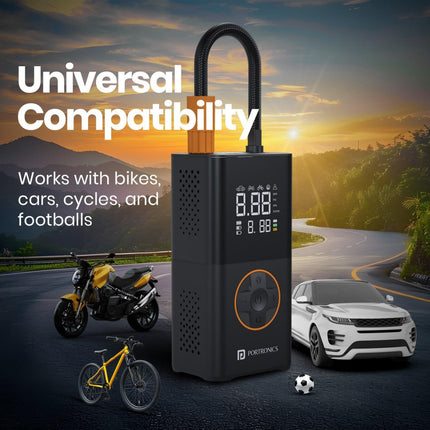 Portronics Vayu 3.0 tyre Inflator with 150 PSI Pressure, 4000 mAh Battery, Digital Display, Pressure Detection, Air Pump Compressor for Cars, Bikes, Bicycles & Balls(Black) 
