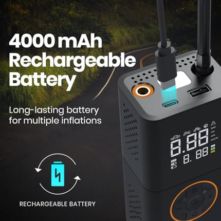 Portronics Vayu 3.0 tyre Inflator with 150 PSI Pressure, 4000 mAh Battery, Digital Display, Pressure Detection, Air Pump Compressor for Cars, Bikes, Bicycles & Balls(Black) 